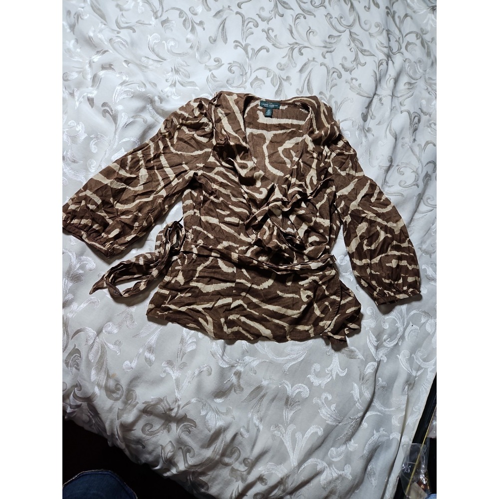 Lauren Ralph Lauren Ruffle Wrap Blouse Flouncy Animal Tiger Stripe Small S/P